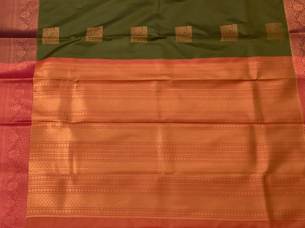 Olive Green Silk Saree Copper Motifs Coral Pallu Magenta Border