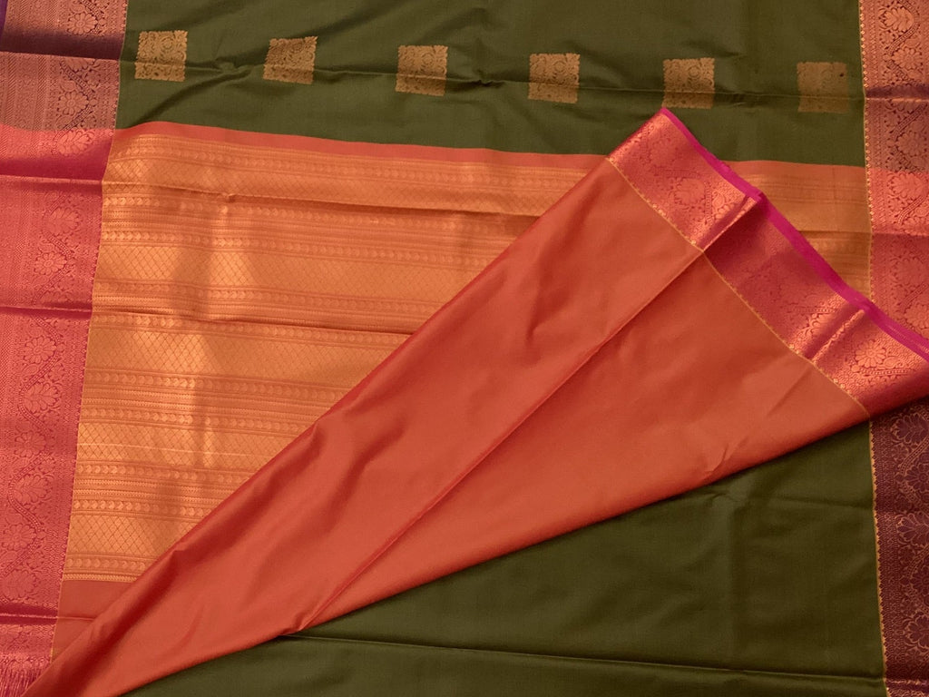 Olive Green Silk Saree Copper Motifs Coral Pallu Magenta Border