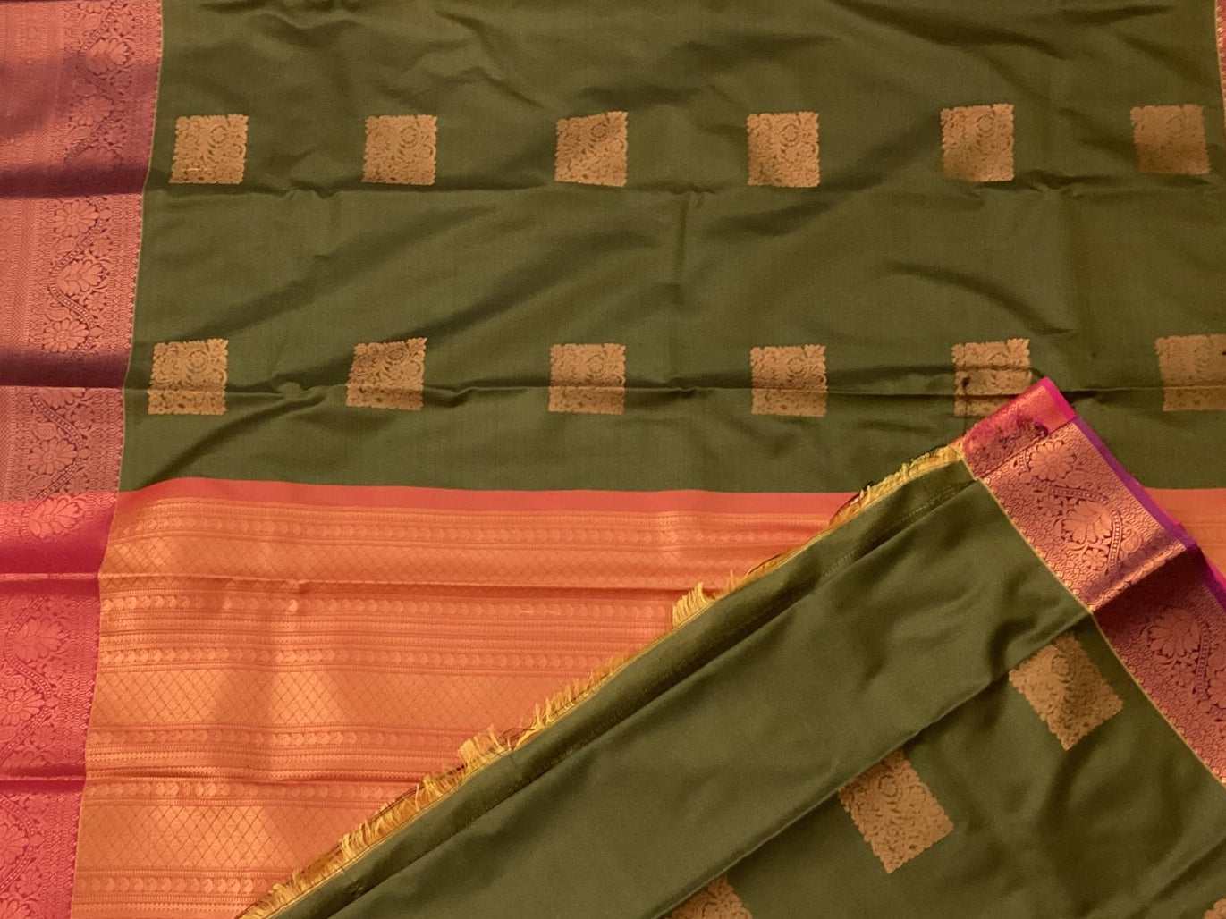 Olive Green Silk Saree Copper Motifs Coral Pallu Magenta Border
