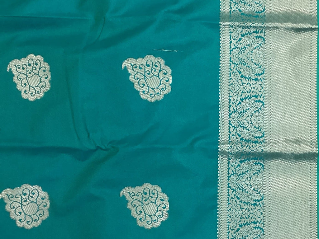 Teal Brown Silk Saree Silver Paisley Brocade Festive Wedding Saree