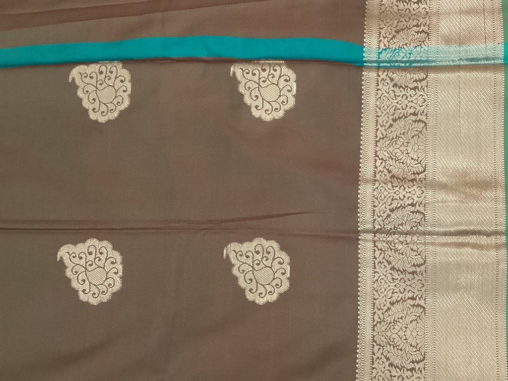 Teal Brown Silk Saree Silver Paisley Brocade Festive Wedding Saree