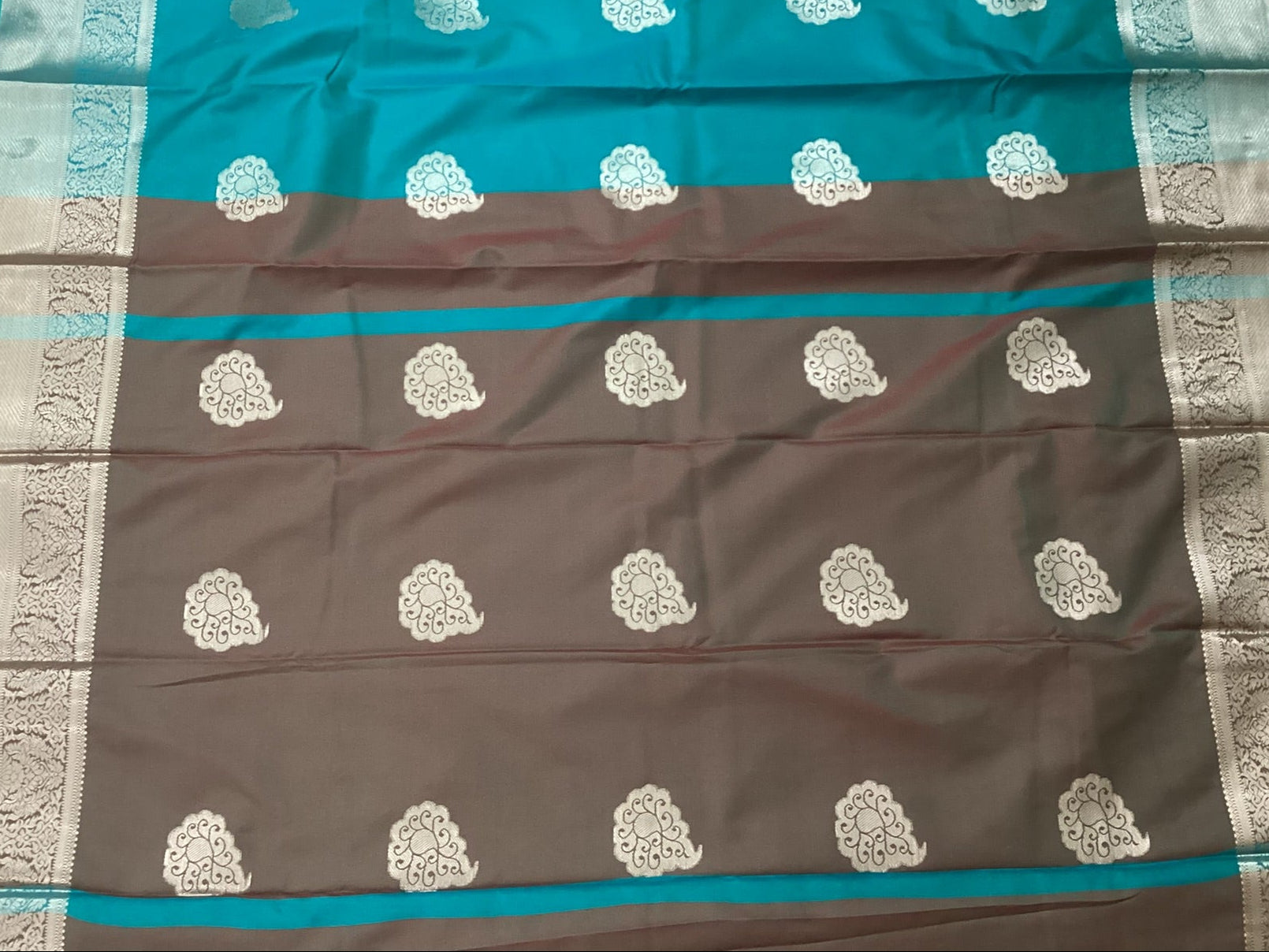 Teal Brown Silk Saree Silver Paisley Brocade Festive Wedding Saree
