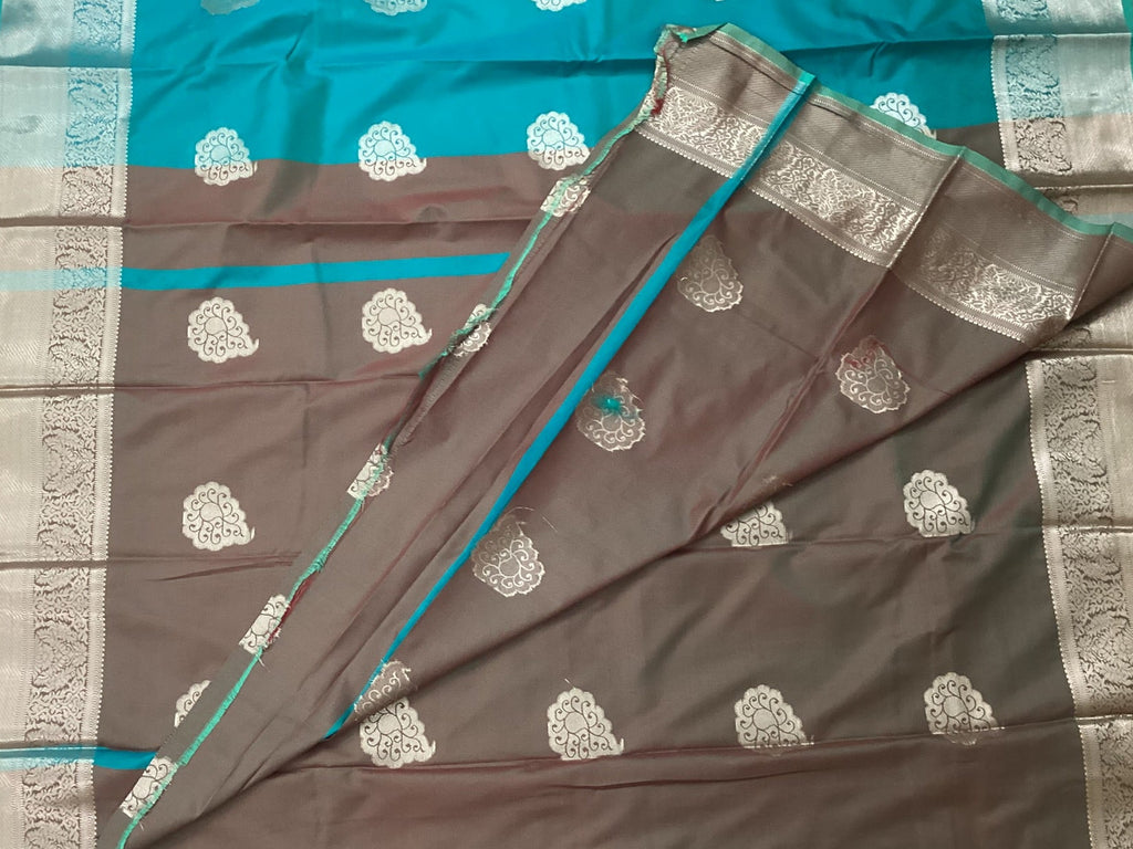 Teal Brown Silk Saree Silver Paisley Brocade Festive Wedding Saree