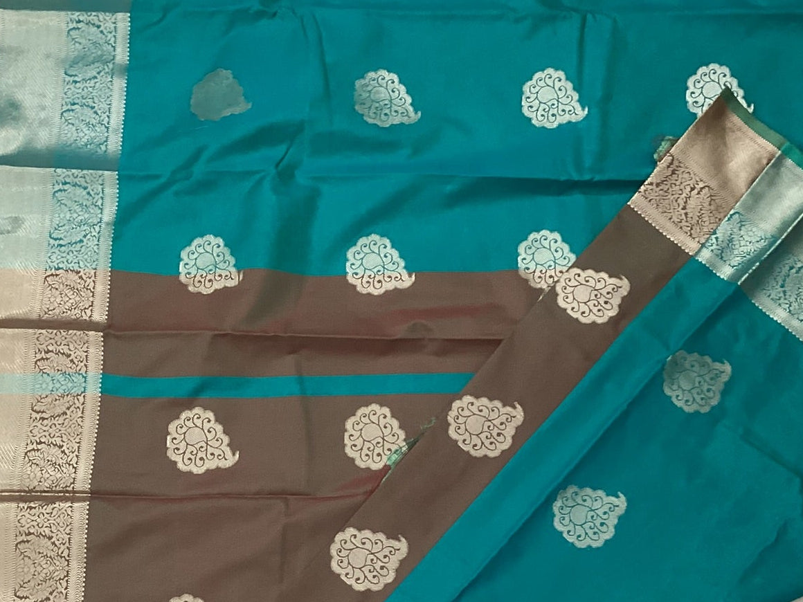 Teal Brown Silk Saree Silver Paisley Brocade Festive Wedding Saree