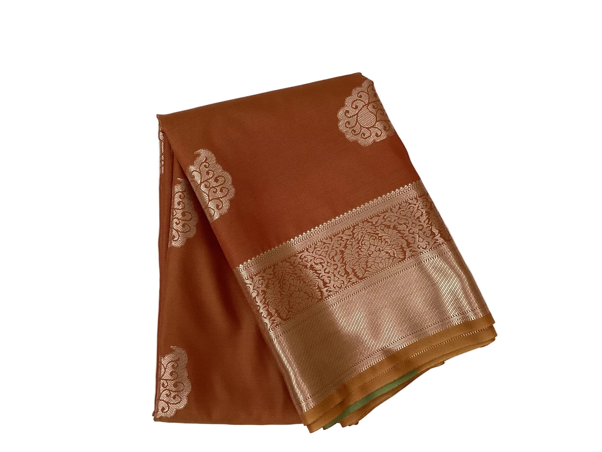Teal Rust Silk Saree with Silver Buta and Brocade Border