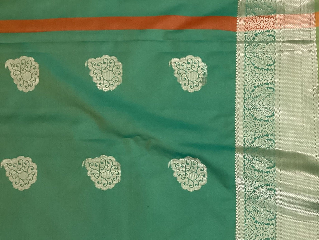 Teal Rust Silk Saree with Silver Buta and Brocade Border