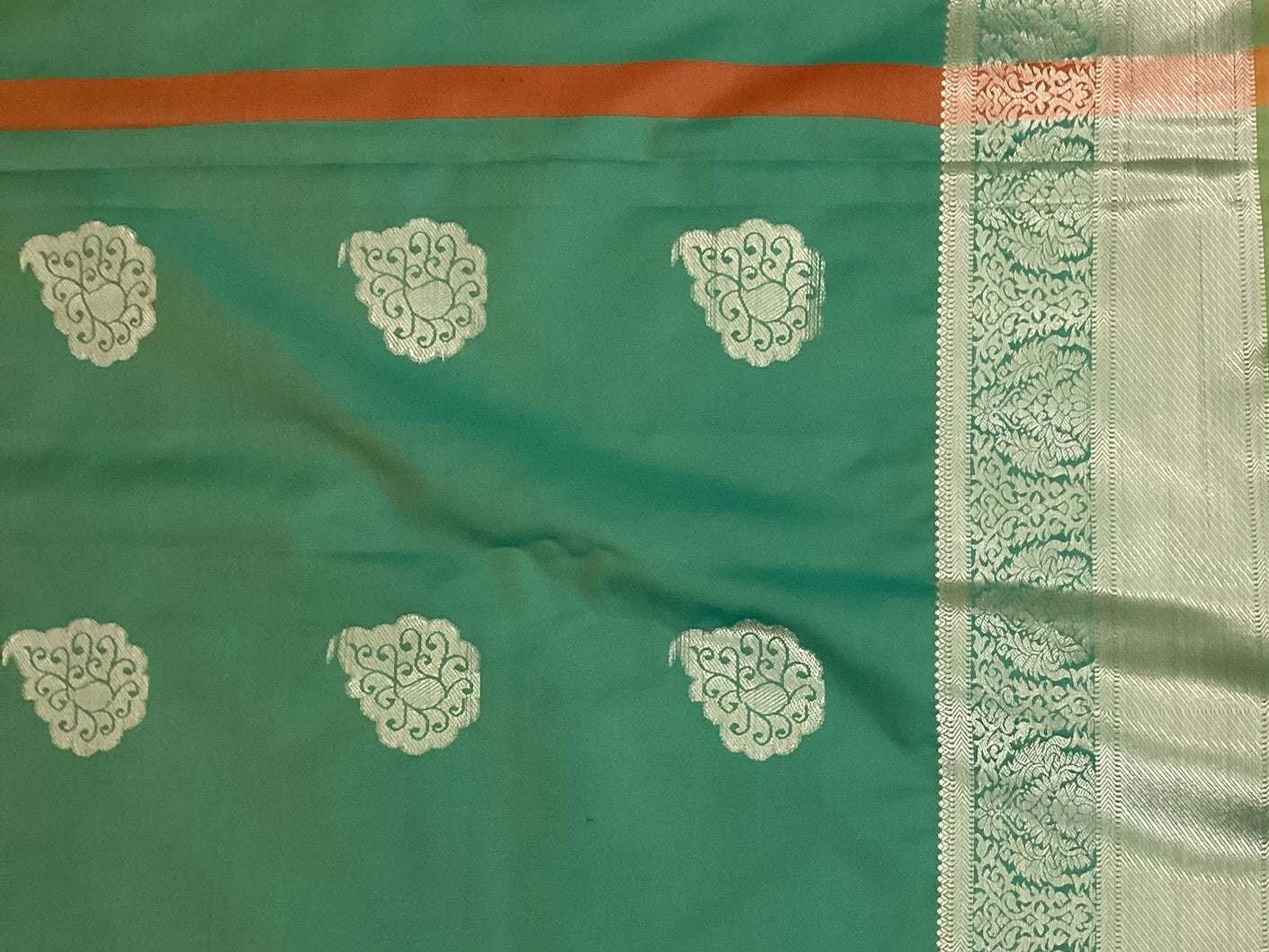Teal Rust Silk Saree with Silver Buta and Brocade Border