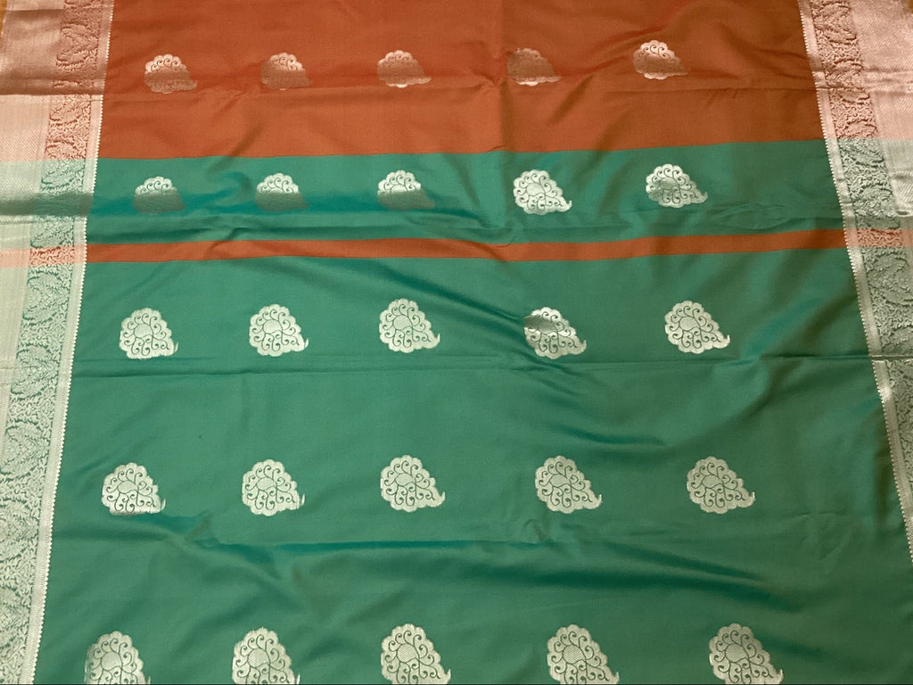 Teal Rust Silk Saree with Silver Buta and Brocade Border