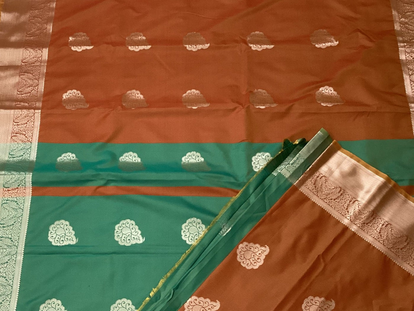 Teal Rust Silk Saree with Silver Buta and Brocade Border