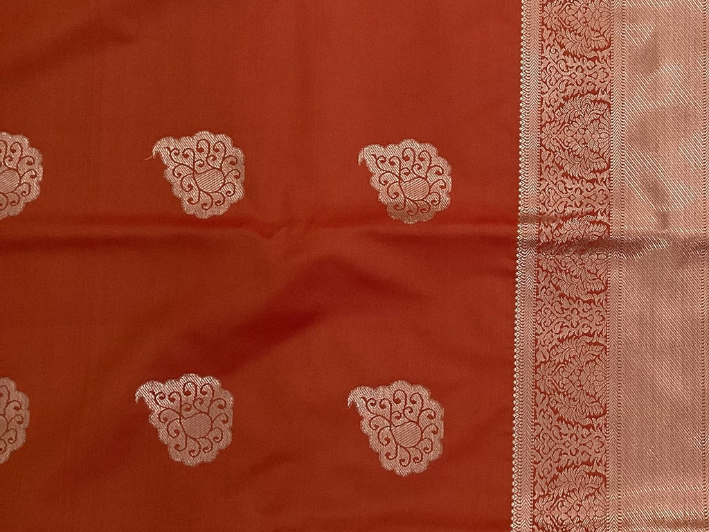 Coral Red Teal Green Silk Saree Silver Paisley Zari Border