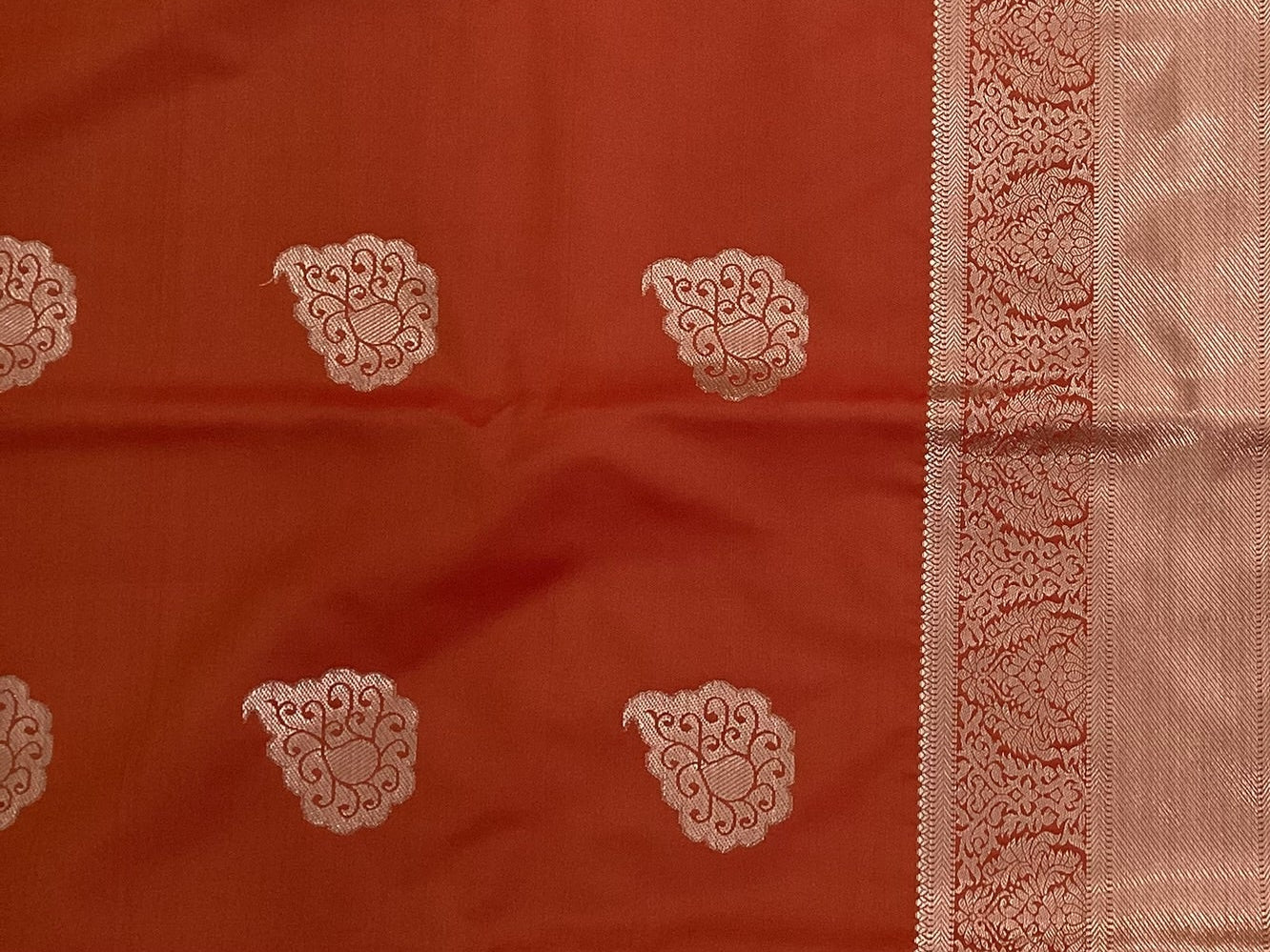 Coral Red Teal Green Silk Saree Silver Paisley Zari Border
