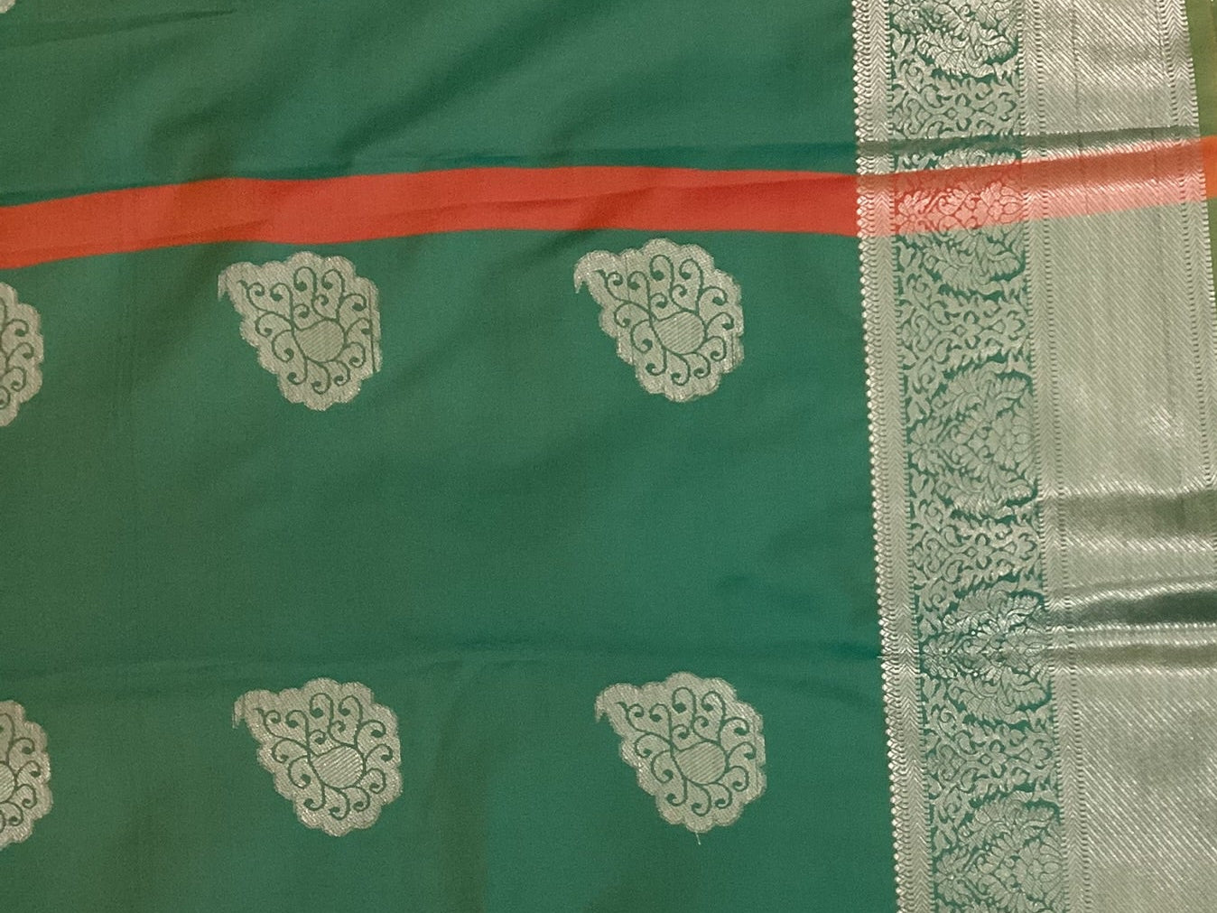 Coral Red Teal Green Silk Saree Silver Paisley Zari Border