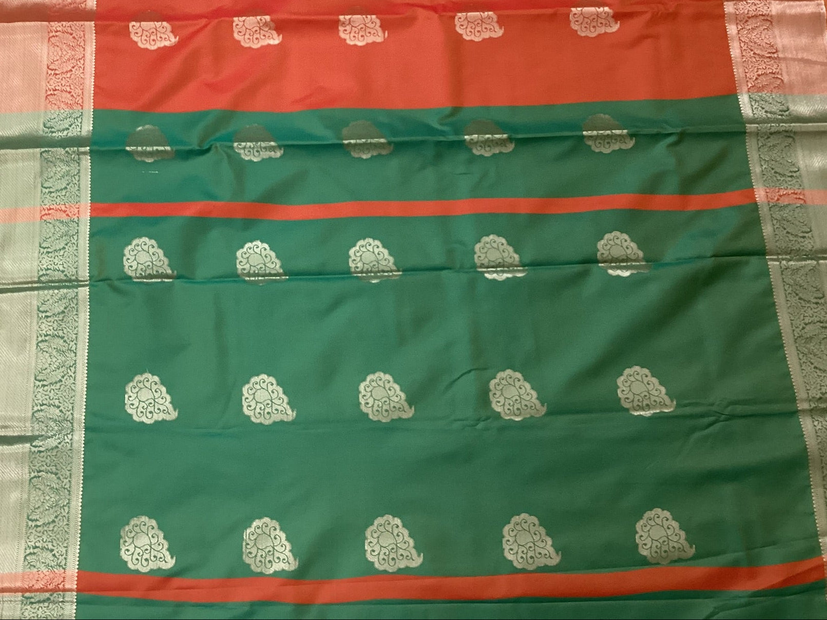Coral Red Teal Green Silk Saree Silver Paisley Zari Border