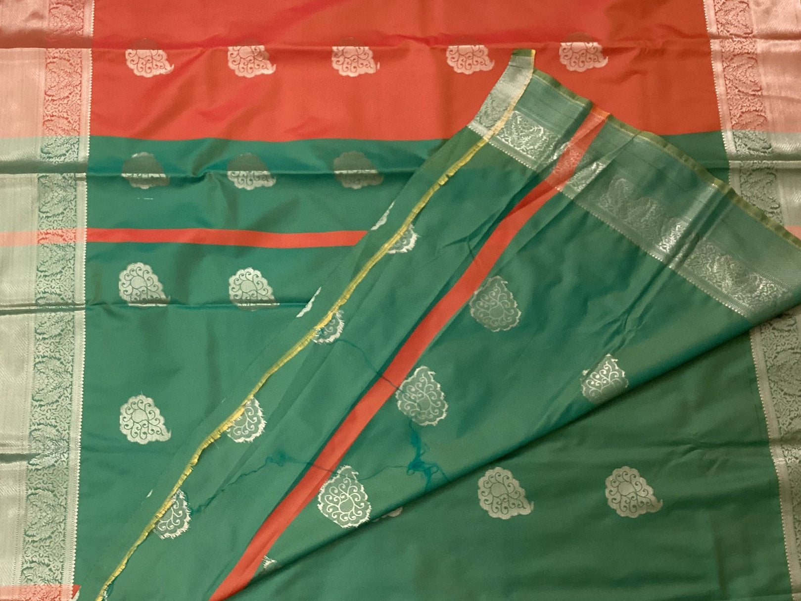 Coral Red Teal Green Silk Saree Silver Paisley Zari Border