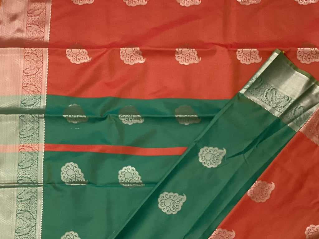 Coral Red Teal Green Silk Saree Silver Paisley Zari Border