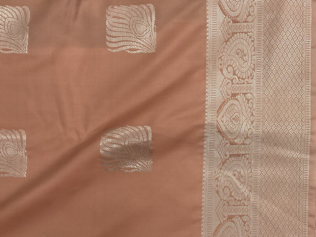 Teal Peach Silk Zari Saree With Square Motifs And Border