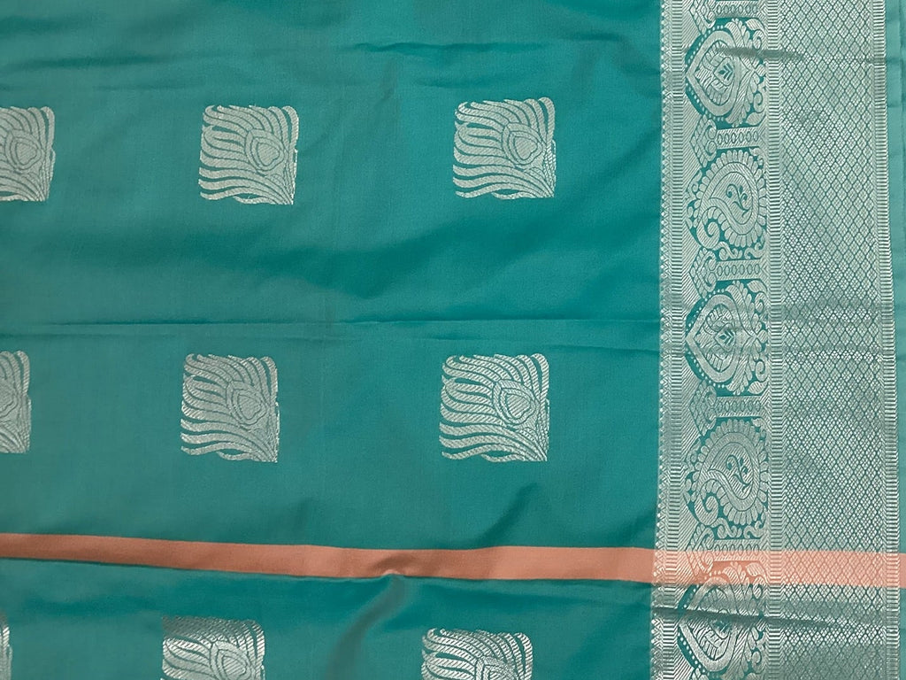 Teal Peach Silk Zari Saree With Square Motifs And Border