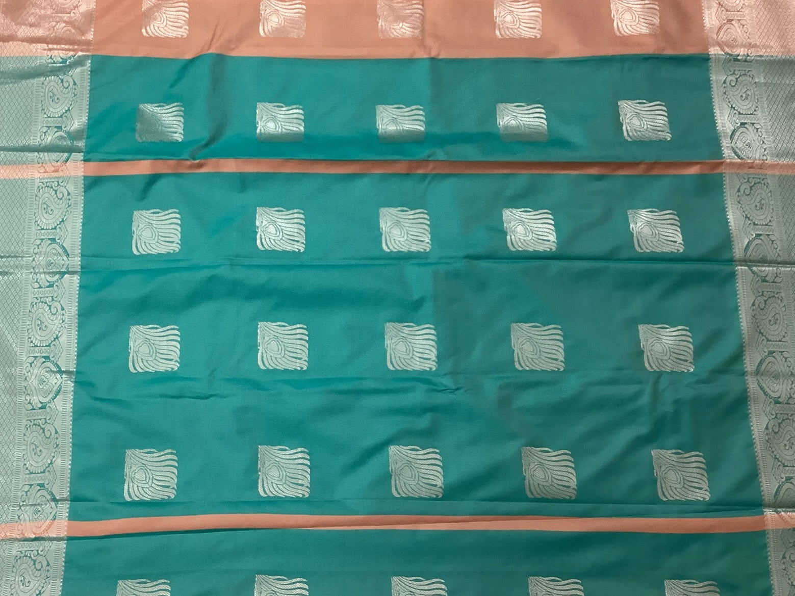 Teal Peach Silk Zari Saree With Square Motifs And Border