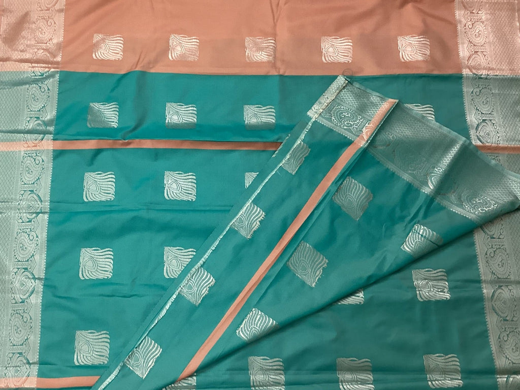 Teal Peach Silk Zari Saree With Square Motifs And Border