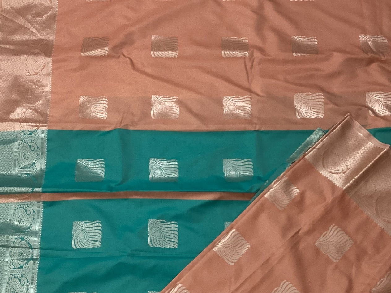 Teal Peach Silk Zari Saree With Square Motifs And Border