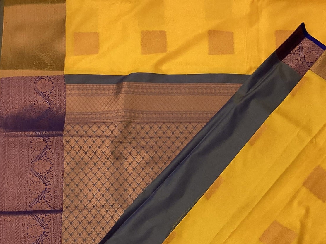 Mustard Yellow Silk Zari Saree with Plum Pallu and Border