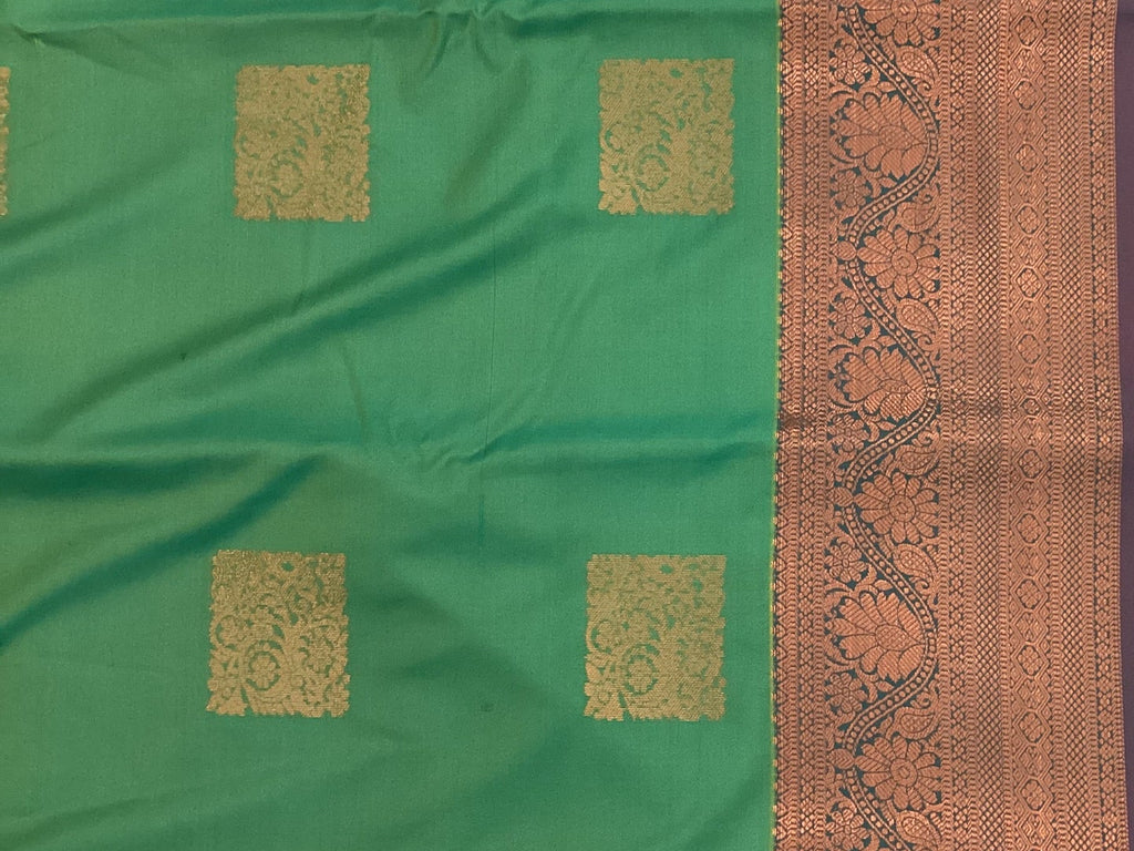 Teal Gold Buti Silk Saree Burnt Orange Pallu Zari Border