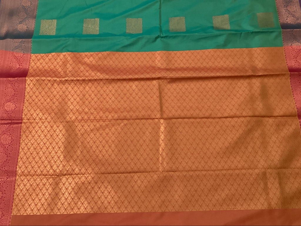 Teal Gold Buti Silk Saree Burnt Orange Pallu Zari Border