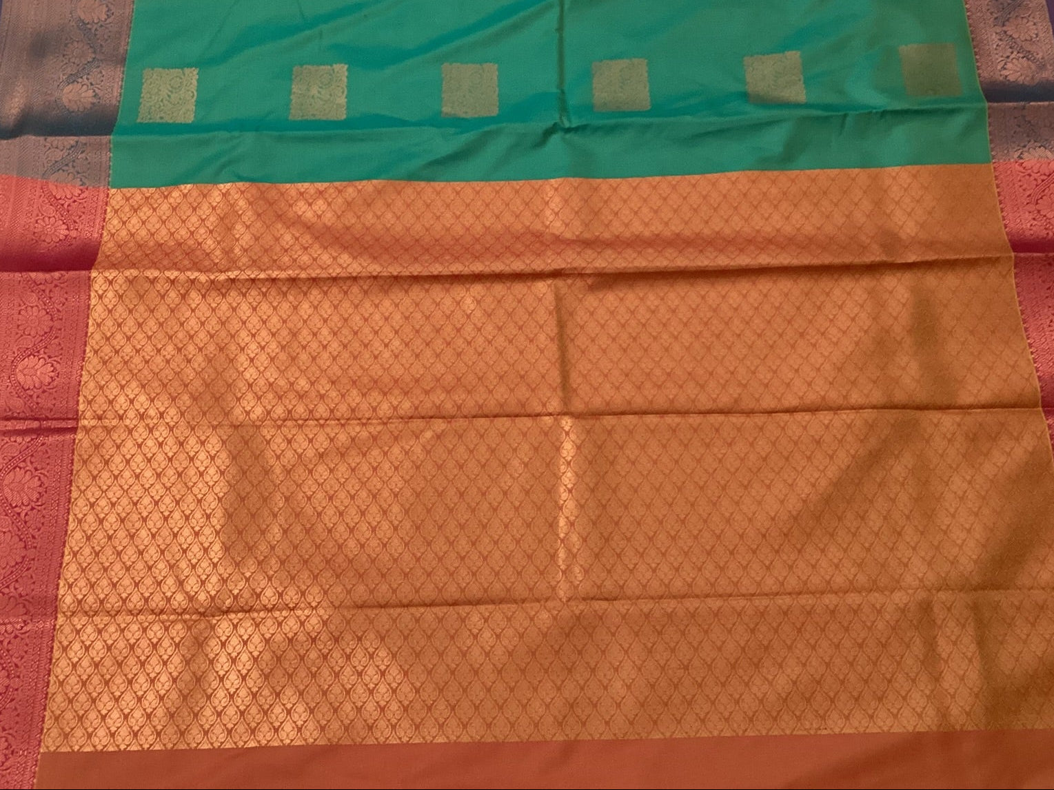 Teal Gold Buti Silk Saree Burnt Orange Pallu Zari Border