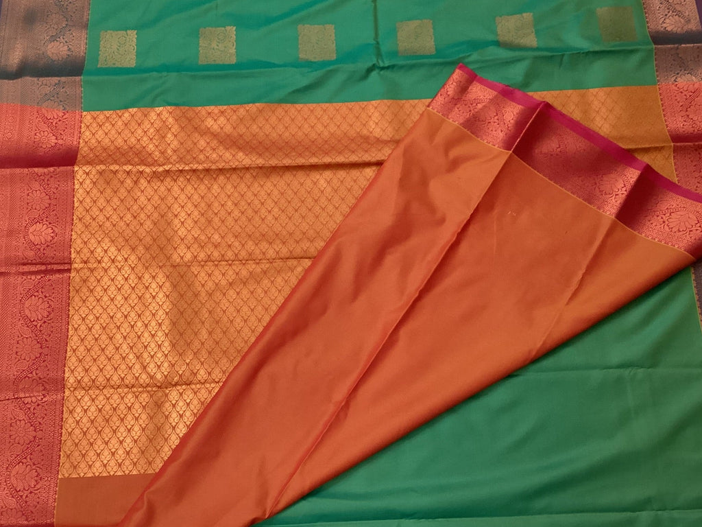 Teal Gold Buti Silk Saree Burnt Orange Pallu Zari Border