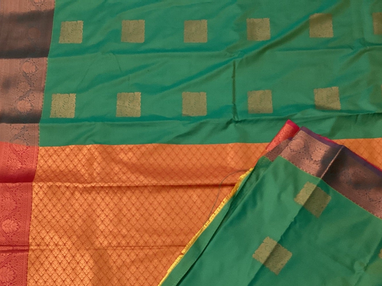 Teal Gold Buti Silk Saree Burnt Orange Pallu Zari Border