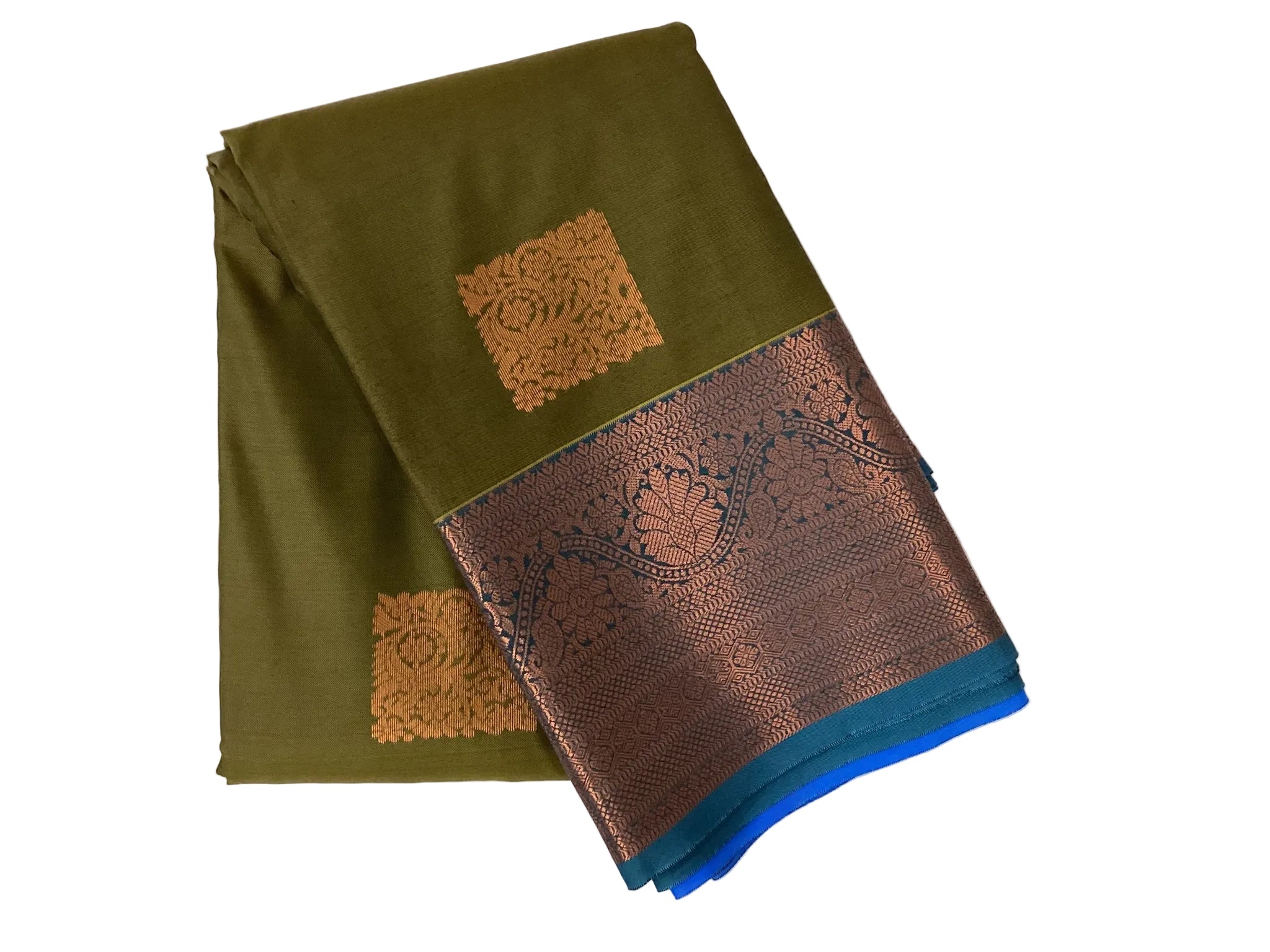 Deep Olive Saree Magenta Pallu Copper Motifs Rose Gold Zari