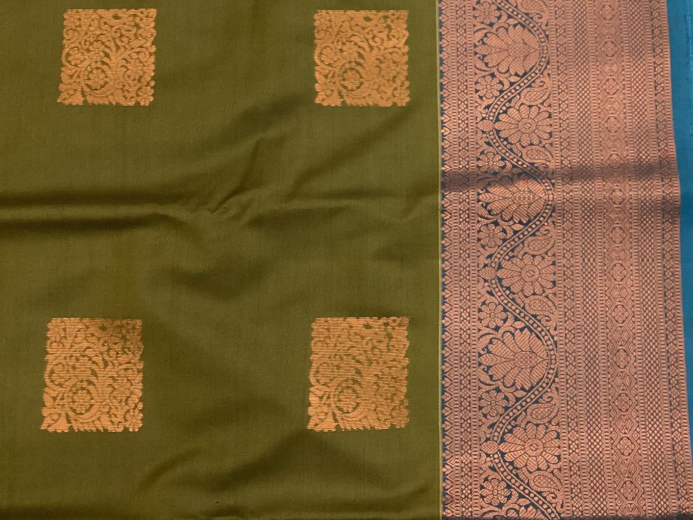 Deep Olive Saree Magenta Pallu Copper Motifs Rose Gold Zari