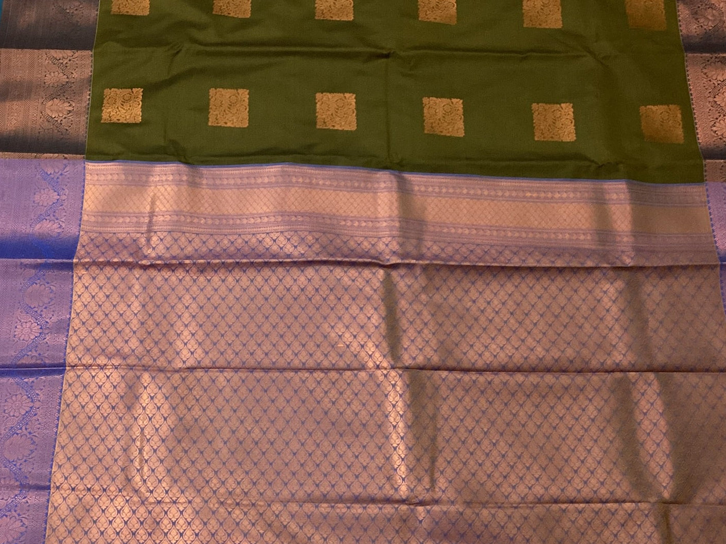 Deep Olive Saree Magenta Pallu Copper Motifs Rose Gold Zari
