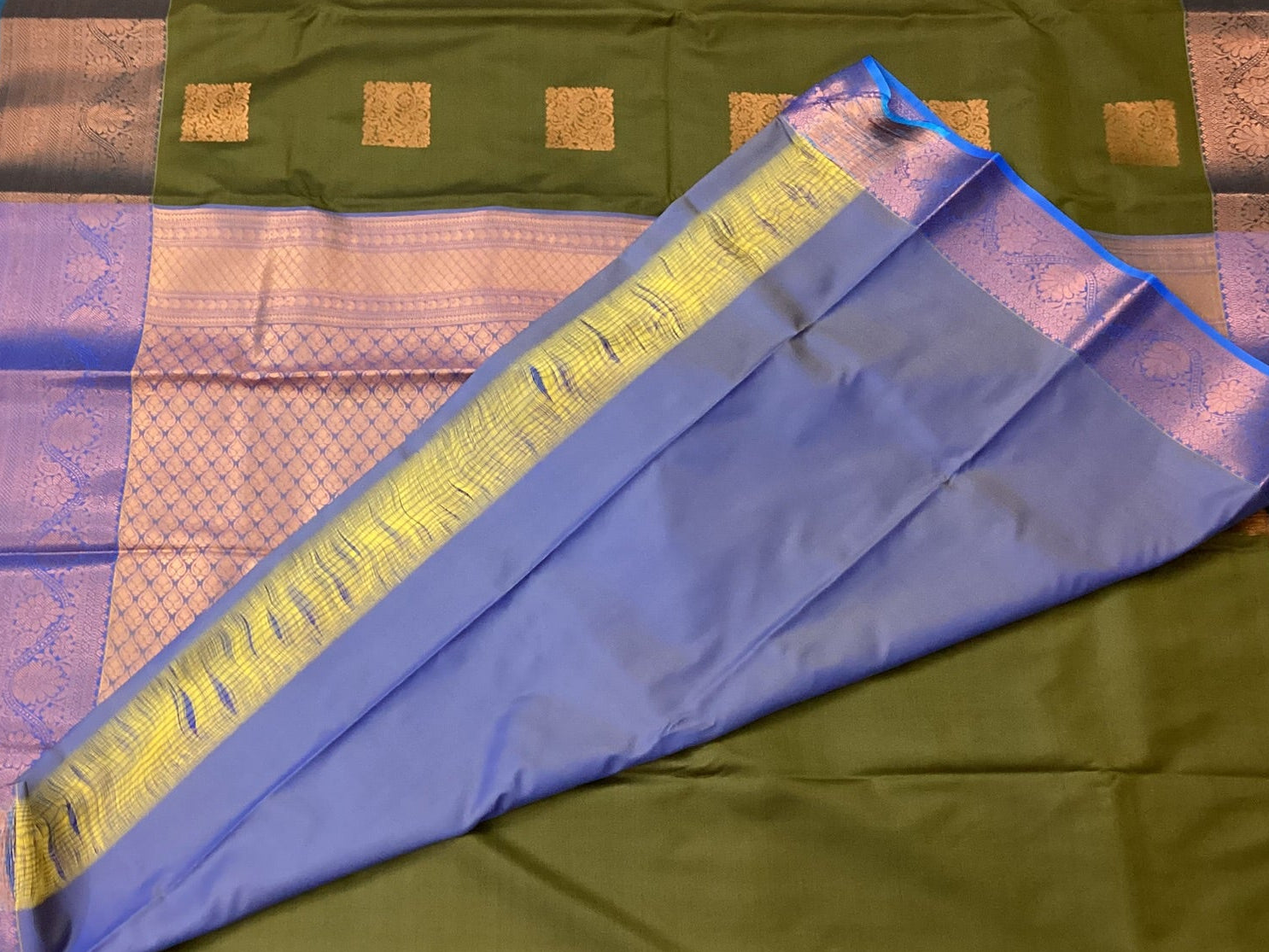 Deep Olive Saree Magenta Pallu Copper Motifs Rose Gold Zari