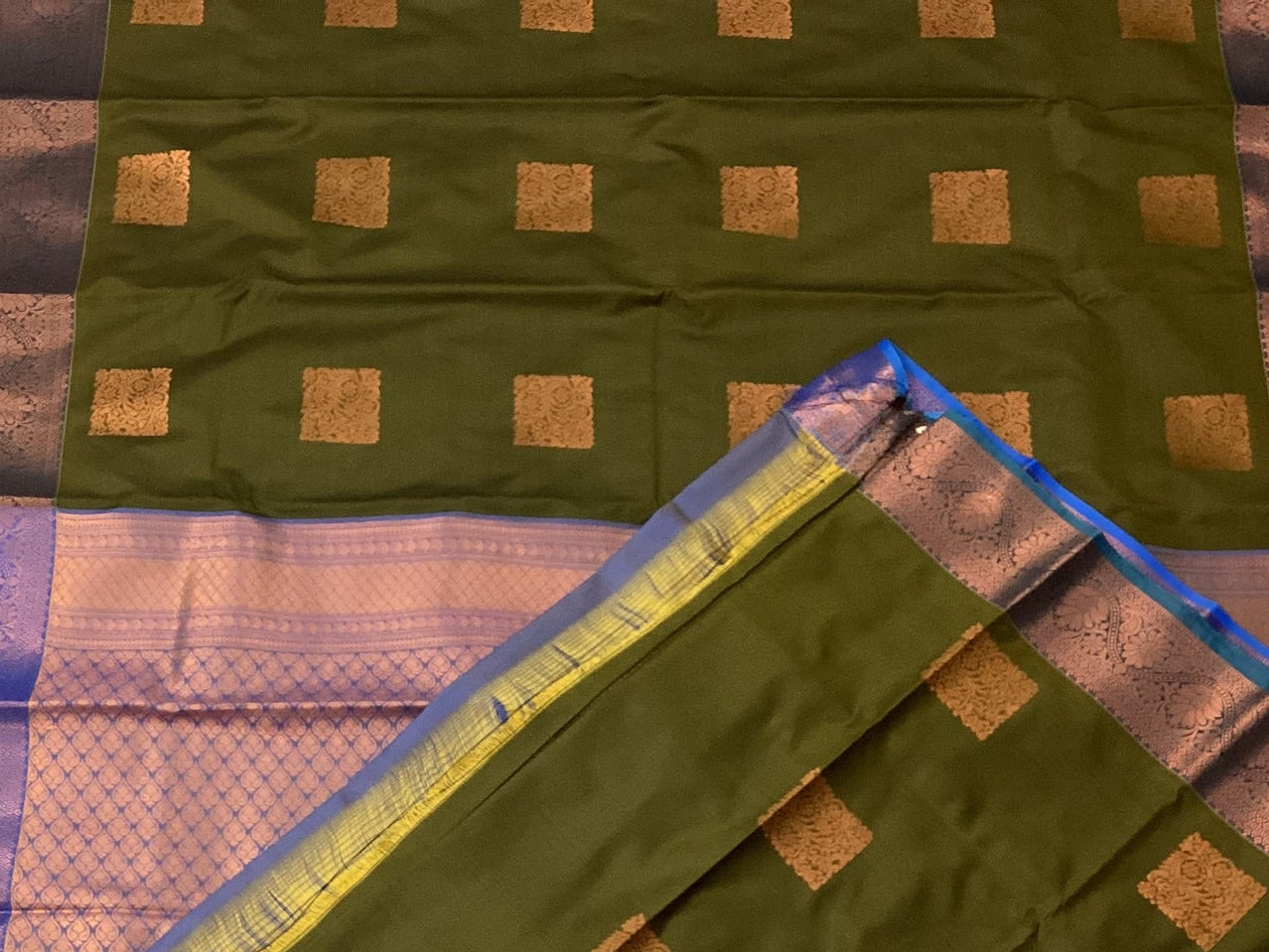 Deep Olive Saree Magenta Pallu Copper Motifs Rose Gold Zari