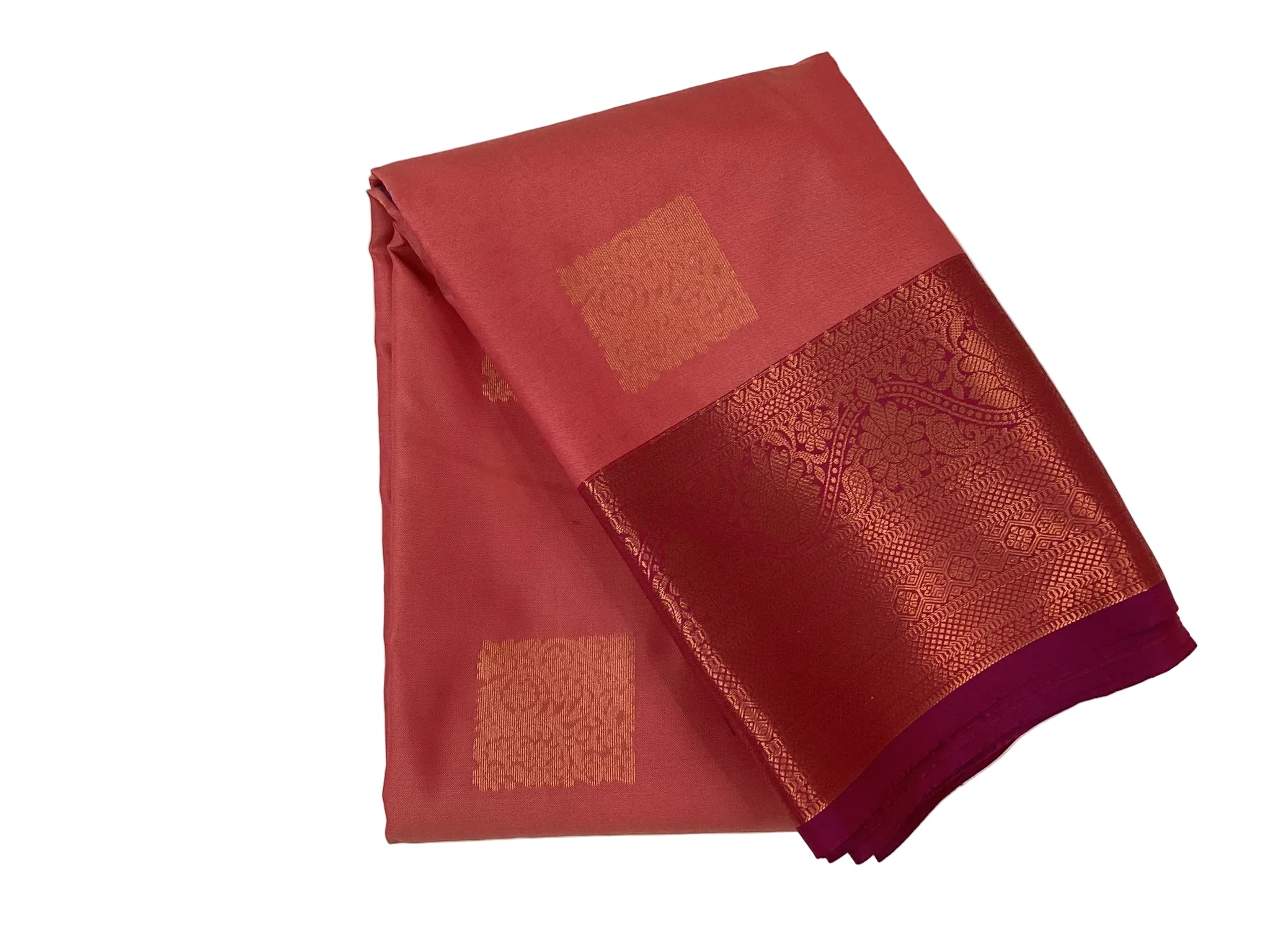 Coral Red Saree Copper Zari Squares Royal Purple Pallu Bridal