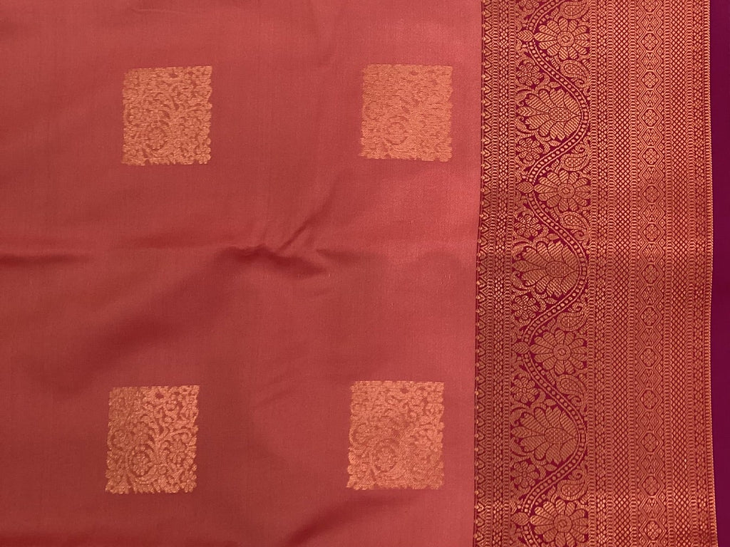 Coral Red Saree Copper Zari Squares Royal Purple Pallu Bridal