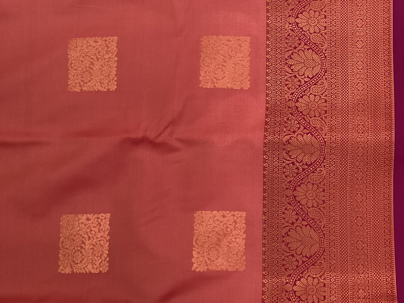 Coral Red Saree Copper Zari Squares Royal Purple Pallu Bridal