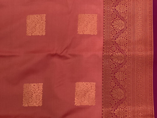 Coral Red Saree Copper Zari Squares Royal Purple Pallu Bridal