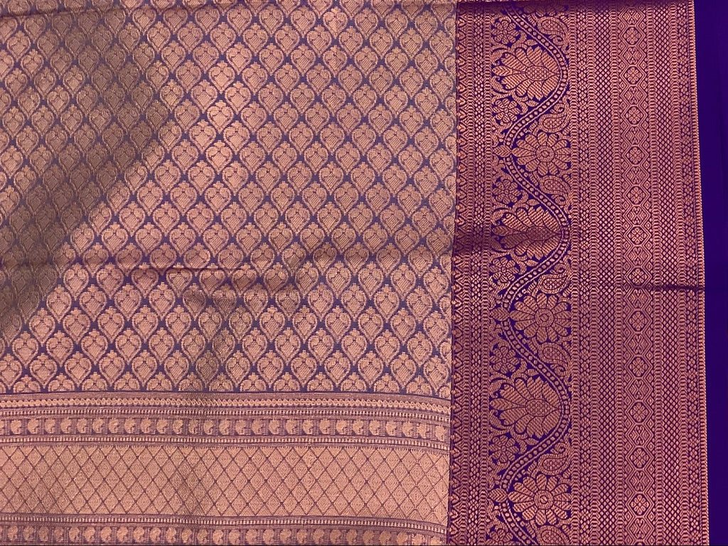 Coral Red Saree Copper Zari Squares Royal Purple Pallu Bridal