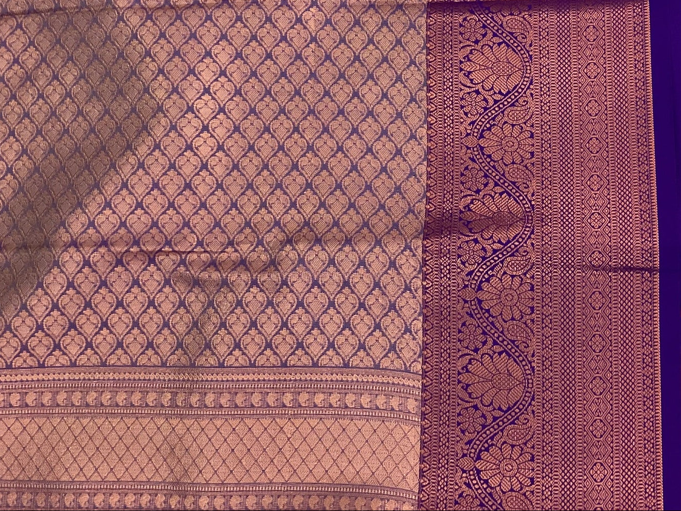 Coral Red Saree Copper Zari Squares Royal Purple Pallu Bridal