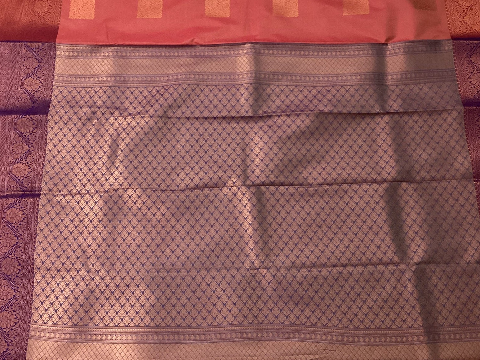 Coral Red Saree Copper Zari Squares Royal Purple Pallu Bridal