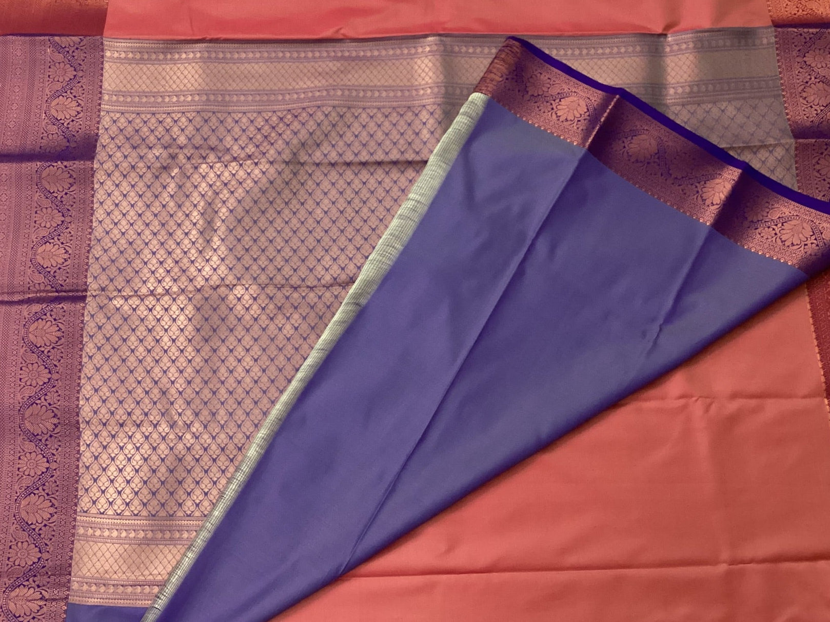 Coral Red Saree Copper Zari Squares Royal Purple Pallu Bridal