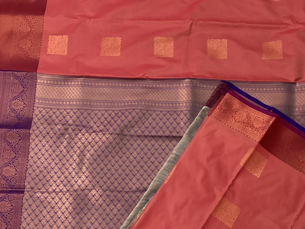 Coral Red Saree Copper Zari Squares Royal Purple Pallu Bridal