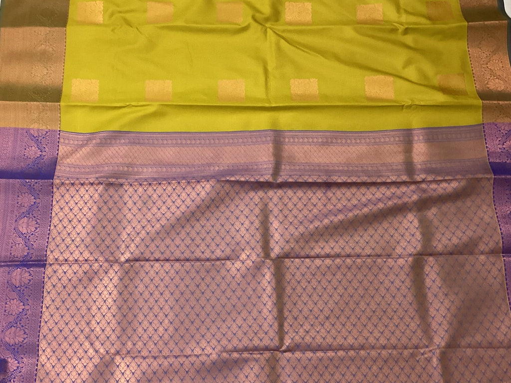 Olive Green Silk Saree With Lilac Pallu Gold Brocade Floral