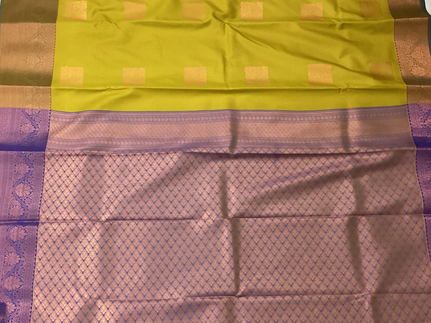 Olive Green Silk Saree With Lilac Pallu Gold Brocade Floral