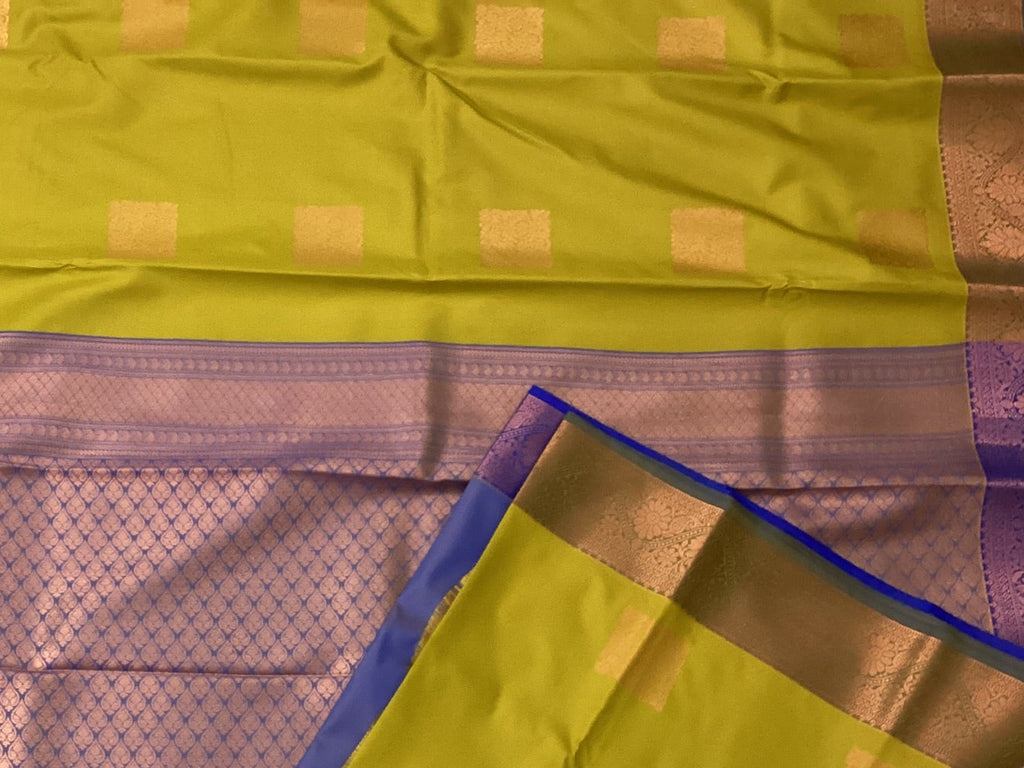 Olive Green Silk Saree With Lilac Pallu Gold Brocade Floral
