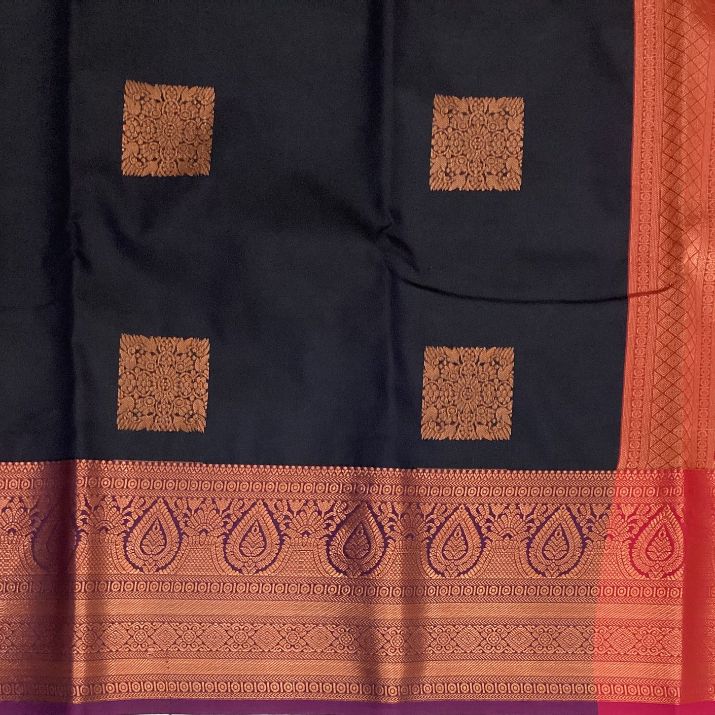 Midnight Blue Magenta Pallu Rose Gold Brocade Saree Paisley Border