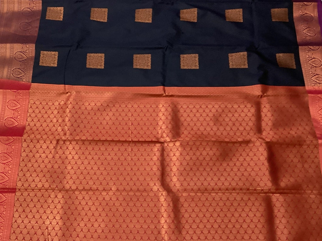 Midnight Blue Magenta Pallu Rose Gold Brocade Saree Paisley Border