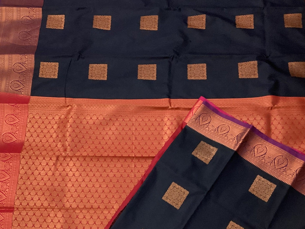 Midnight Blue Magenta Pallu Rose Gold Brocade Saree Paisley Border
